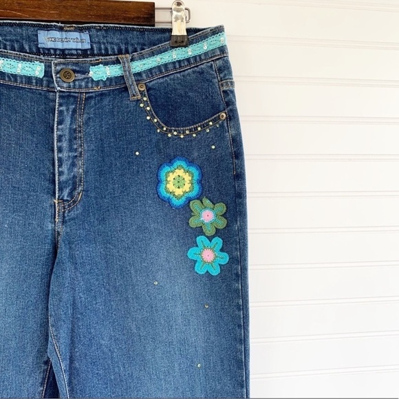 Classic Blue Straight Leg Jeans with Floral Embroidery - Picture 3 of 12